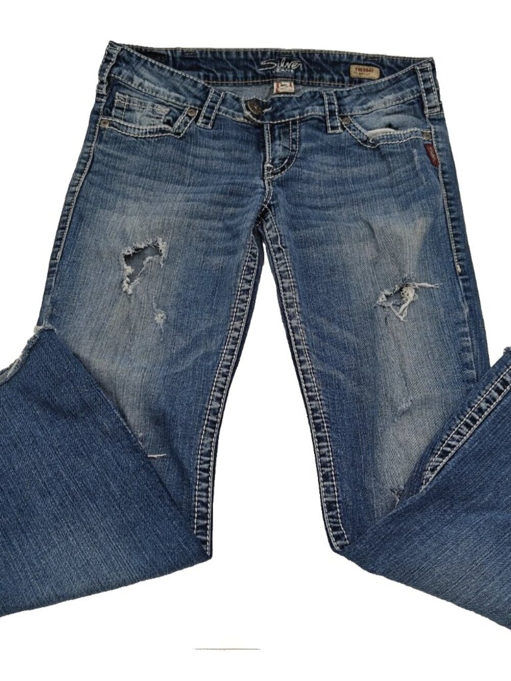 Silver Jeans Co Tuesday Women's 31x32 Low Rise Bootcut Distressed Blue Denim